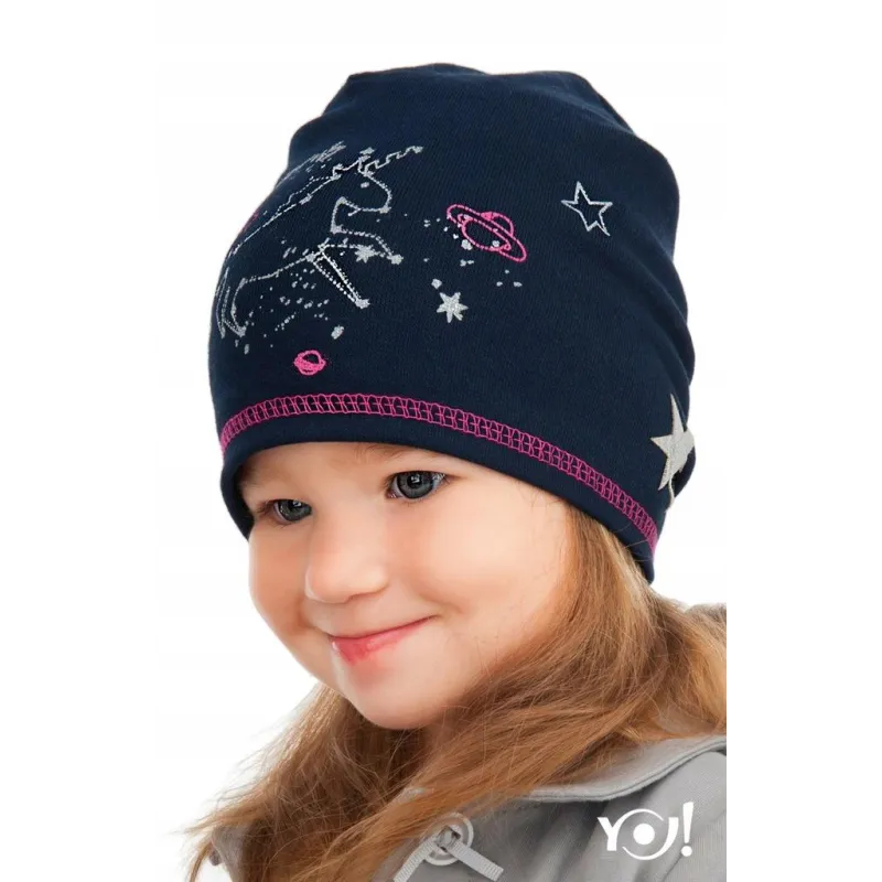 BAWEŁNIANA CZAPECZKA DZIEWCZĘCA WE LOVE UNICORNS CZARNA 46-48CM YO! CLUB
