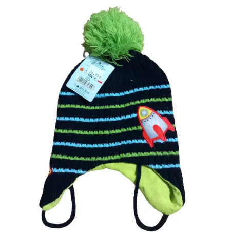 CZAPKA ZIMOWA CHŁOPIĘCA RAKIETA GRANATOWA ZIELONY POMPON 46/48CM YO! CLUB