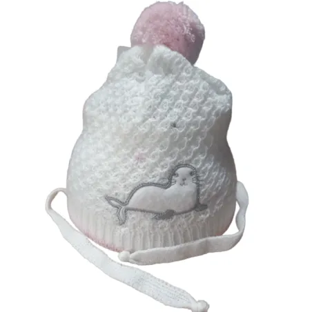 CZAPKA DZIEWCZĘCA ZIMOWA WIĄZANA BIAŁA Z POMPONEM FOCZKA 38-40CM YO! CLUB