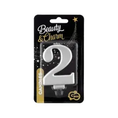 ŚWIECZKA URODZINOWA CYFRA 2 BEAUTY&CHARM SREBRNA METALICZNA