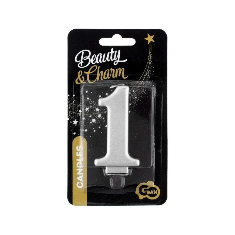 ŚWIECZKA URODZINOWA CYFRA 1 BEAUTY&CHARM SREBRNA METALICZNA