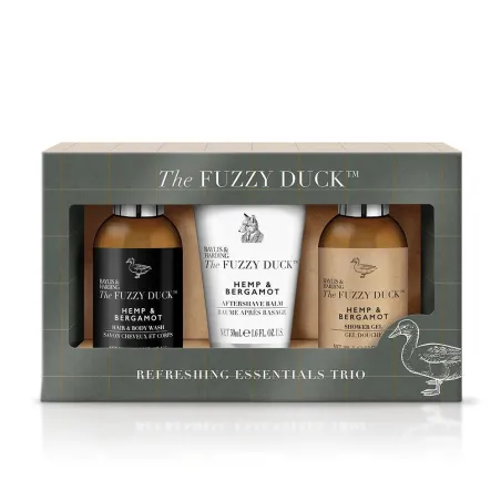 ZESTAW MĘSKI SZAMPON DO WŁOSÓW 100 ML + ŻEL POD PRYSZNIC 100 ML + BALSAM PO GOLENIU 50 ML KONOPIE I BERGAMOTKA THE FUZZY DUCK