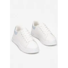 SNEAKERSY NA PŁASKIEJ PODESZWIE WIĄZANE Z MODNĄ WSTAWKĄ BIAŁO-NIEBIESKIE ROZMIAR 40