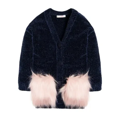 SWETER DZIEWCZĘCY ROZPINANY GRANATOWY FUTERKOWE KIESZENIE 152CM COOL CLUB