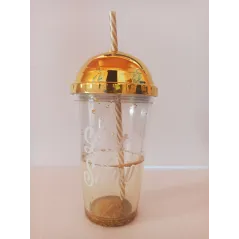 KUBEK Z POKRYWKĄ I SŁOMKĄ ZŁOTY 500 ML