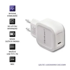 ŁADOWARKA SIECIOWA DO TELEFONU TABLEU USB TYP C, PD, 5V, 3A, 20W, BIAŁA