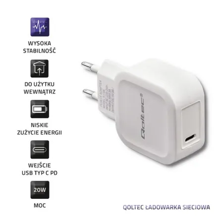 ŁADOWARKA SIECIOWA DO TELEFONU TABLEU USB TYP C, PD, 5V, 3A, 20W, BIAŁA