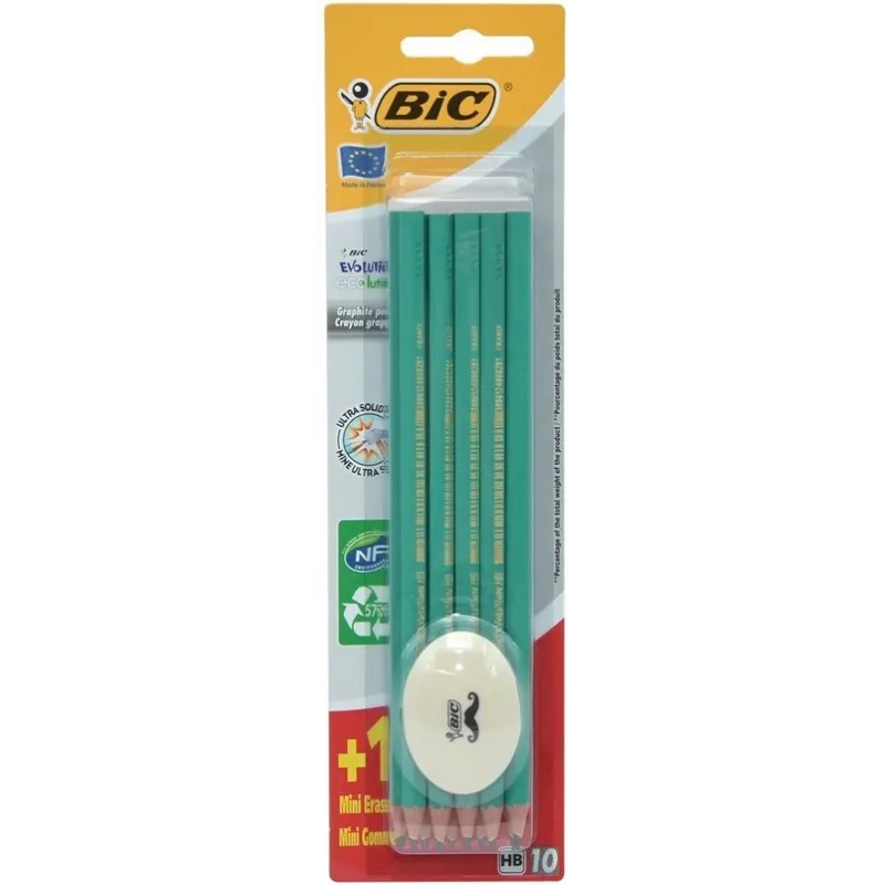 OŁÓWEK BEZDRZEWNY GRAFITOWY 10 SZTUK + GUMKA - BiC