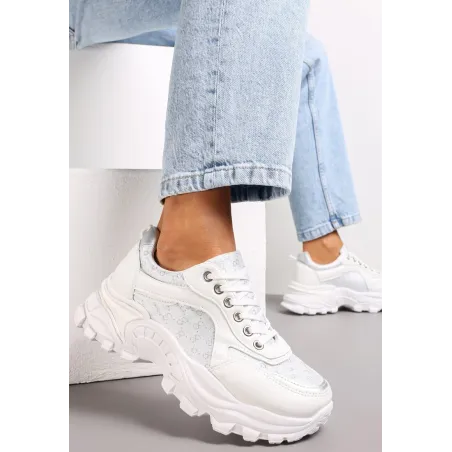 Białe Sneakersy Z Metaliczna Nitką Na Grubej Podeszwie Rozmiar 38