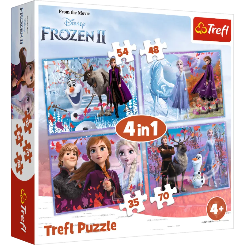 KRAINA LODU PODRÓŻ W NIEZNANE PUZZLE 4W1 FROZEN 35, 48, 54, 70 ELEMENTÓW DISNEY 4+