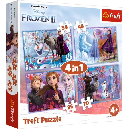 KRAINA LODU PODRÓŻ W NIEZNANE PUZZLE 4W1 FROZEN 35, 48, 54, 70 ELEMENTÓW DISNEY 4+