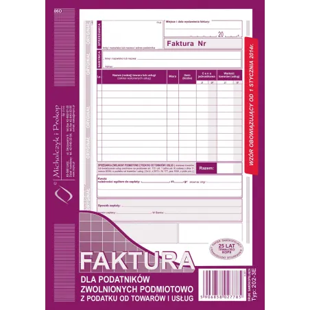 FAKTURA DLA PODATNIKÓW ZWOLNIONYCH Z PODATKU