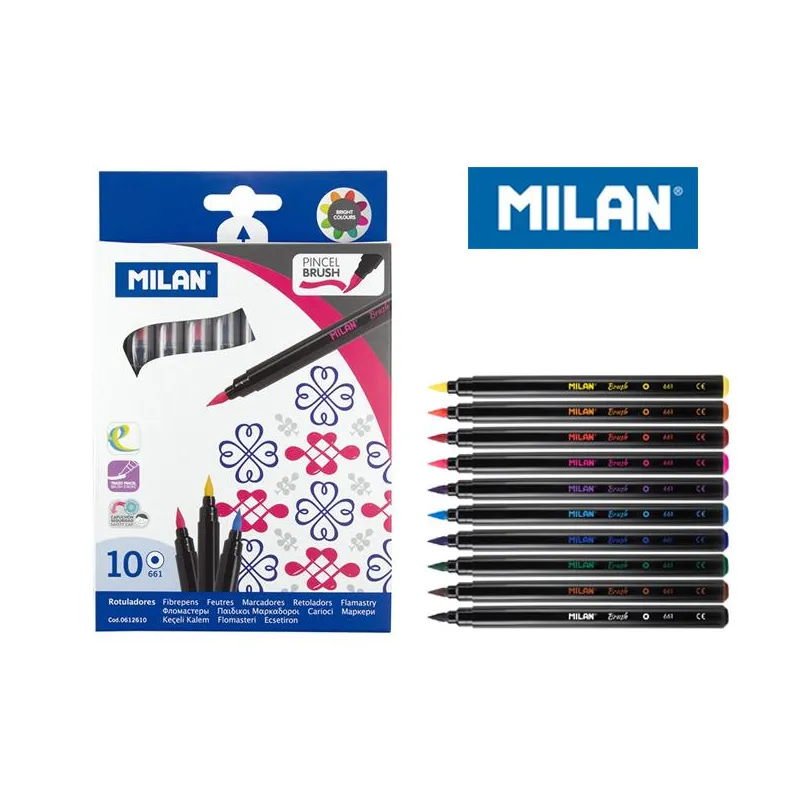 FLAMASTRY Z KOŃCÓWKĄ W PĘDZELKU 10 KOLORÓW MILAN