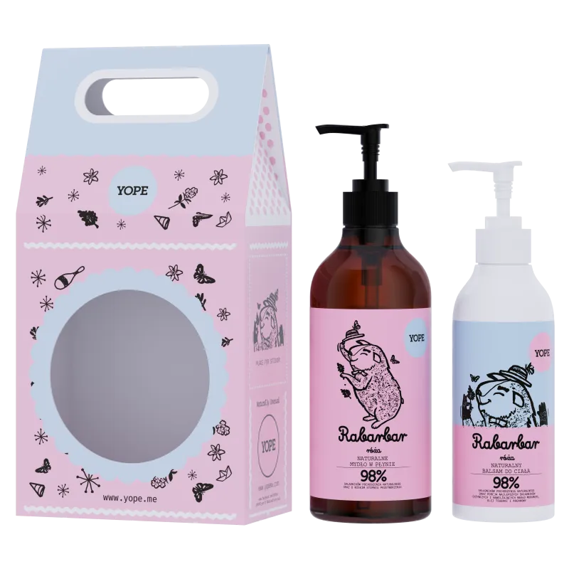 ZESTAW NATURALNYCH KOSMETYKÓW - MYDŁO W PŁYNIE 500ML I BALSAM DO PIELĘGNACJI 300ML YOPE RABARBAR I RÓŻA