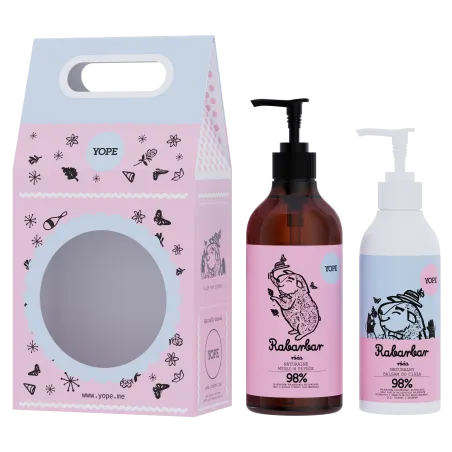 ZESTAW NATURALNYCH KOSMETYKÓW - MYDŁO W PŁYNIE 500ML I BALSAM DO PIELĘGNACJI 300ML YOPE RABARBAR I RÓŻA