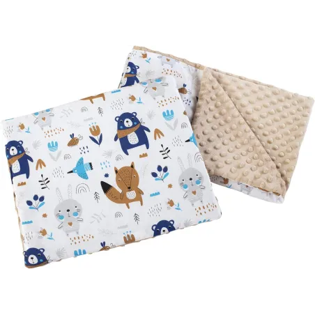 KOMPLET MINKY DO WÓZKA BEŻOWY ZWIERZĘTA W LESIE KOCYK 55 X 75 CM + PODUSZKA 35 X 30 CM