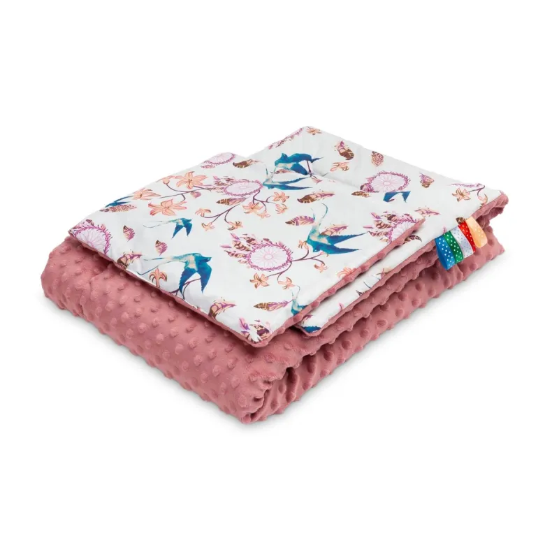 KOMPLET KOCYK + PODUSZKA MINKY PTAKI RETRO RÓŻ 75X100/30X35 SENSILLO