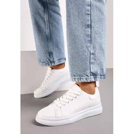 Białe Wiązane Sneakersy Na Płaskiej Podeszwie Rozmiar 38