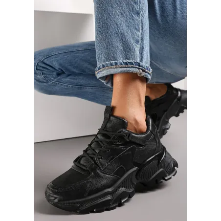CZARNE SZNUROWANE SNEAKERSY NA GRUBEJ PODESZWIE ZE ŻŁOBIENIAMI ROZMIAR 38