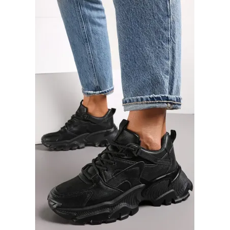 Czarne Sznurowane Sneakersy Na Grubej Podeszwie Ze Żłobieniami Rozmiar 38