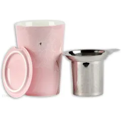 KUBEK PORCELANOWY Z ZAPARZACZEM RÓŻOWY 400 ML II GATUNEK