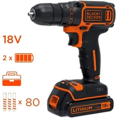 WIERTARKO-WKRĘTARKA AKUMULATOROWA BLACK&DECKER, ZESTAW 80 AKCESORIÓW W WALIZCE