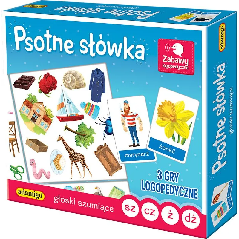 PSOTNE SŁÓWKA GŁOSKI SZUMIĄCE ZABAWY LOGOPETYCZNE ADAMIGO 5+