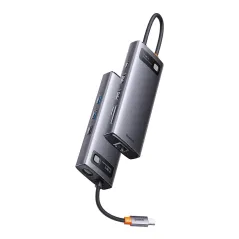 STACJA DOKUJĄCA USB-C 9W1 BASEUS METAL GLEAM SERIES – HDMI X2, USB 3.2, PD, RJ-45, CZYTNIK KART, SZARA