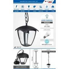 LAMPA OGRODOWA WISZĄCA LED E27 IP65 CZARNA V-TAC VT-735