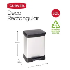 KOSZ NA ŚMIECI Z PEDAŁEM CURVER DECO 30L – SREBRNY, METALICZNY WYGLĄD, HIGIENICZNY PEDAŁ, SYSTEM ANTYPRÓŻNIOWY