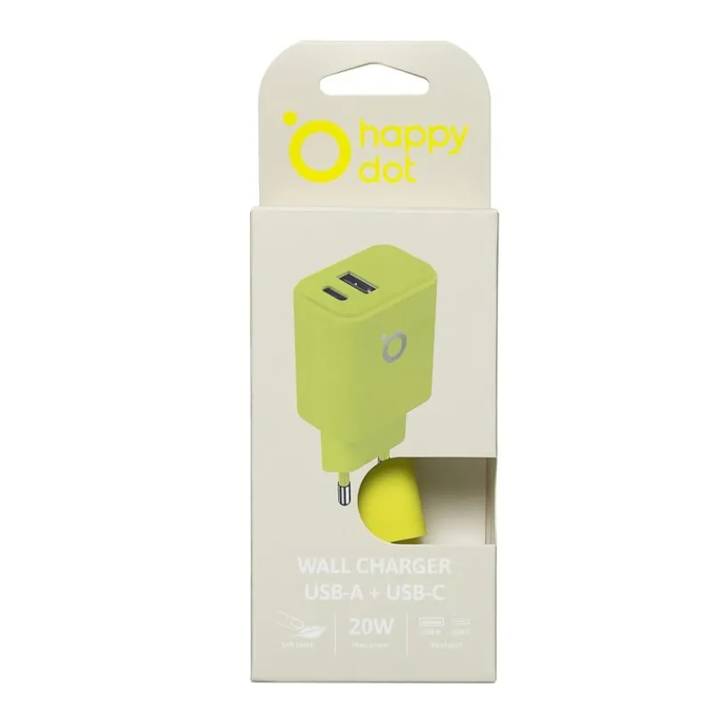 ŁADOWARKA SIECIOWA 20W LIMONKA USB-A + USB-C SZYBKIE ŁADOWANIE HAPPYDOT