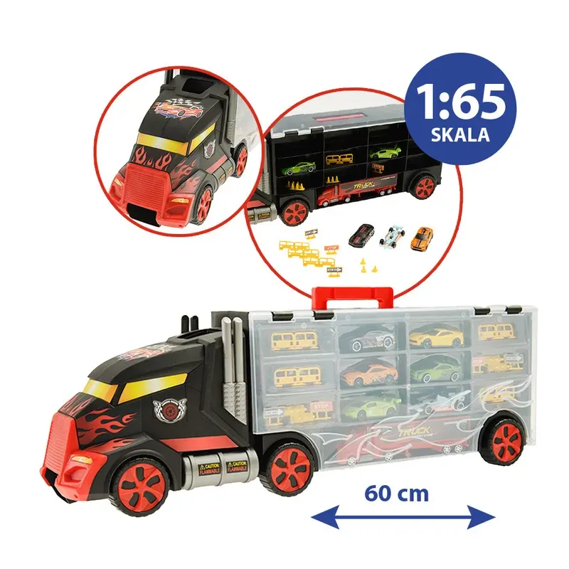 TRANSPORTER Z GARAŻEM 6 SAMOCHODZIKÓW + AKCESORIA SMIKI 3+