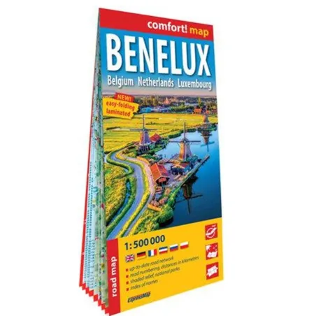 BENELUX: BELGIA, HOLANDIA, LUKSEMBURG. LAMINOWANA MAPA SAMOCHODOWA 1:500 000
