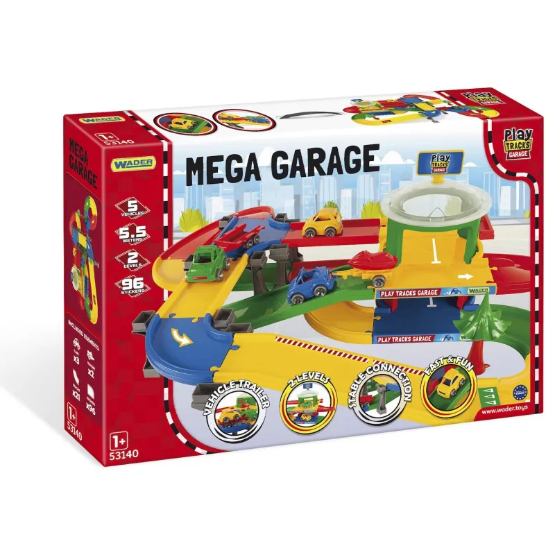 MEGA GARAŻ 2-POZIOMOWY Z TRASĄ 5,5M I 5 AUTKAMI WADER PLAY TRACKS 12M+ II GATUNEK