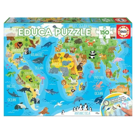 MAPA ŚWIATA Z ZWIERZĘTAMI EDUCA PUZZLE EDUKACYJNE 150 ELEMENTÓW  6+