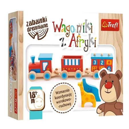 DREWNIANA KOLEJKA WAGONIKI Z AFRYKI + FIGURKI ZWIERZĄT TREFL 18M+