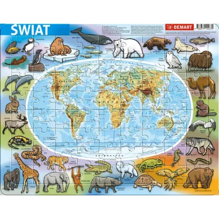 ŚWIAT MAPA FIZYCZNA ZE ZWIERZĘTAMI PUZZLE RAMKOWE 72 ELEMENTY - Demart