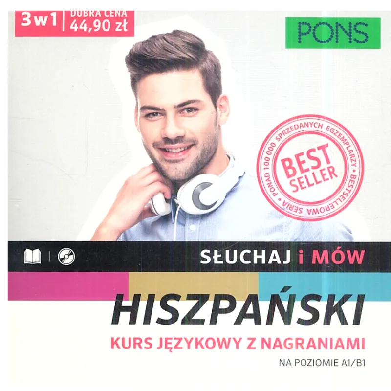 SŁUCHAJ I MÓW HISZPAŃSKI KURS JĘZYKOWY Z NAGRANIAMI PAKIET 3W1 POZIOM A1/B1 - Pons