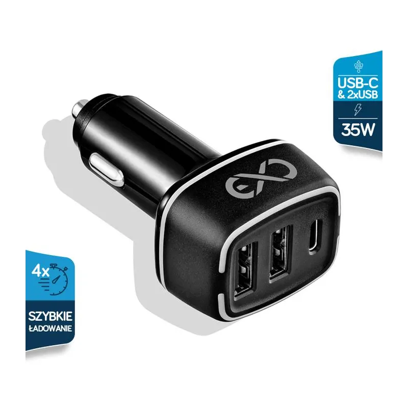 ŁADOWARKA SAMOCHODOWA USB-C PD + 2 X USB EXC LIGHT 35W CZARNA - eXc mobile