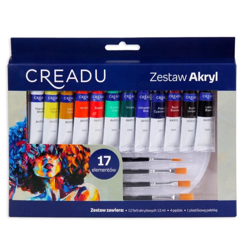 ZESTAW FARB AKRYLOWYCH Z AKCESORIAMI 17 ELEMENTÓW CREADU