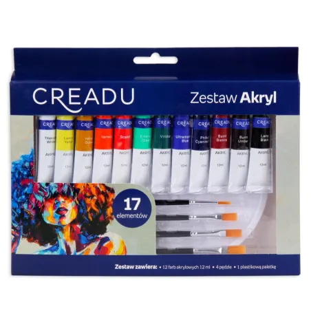 ZESTAW FARB AKRYLOWYCH Z AKCESORIAMI 17 ELEMENTÓW CREADU