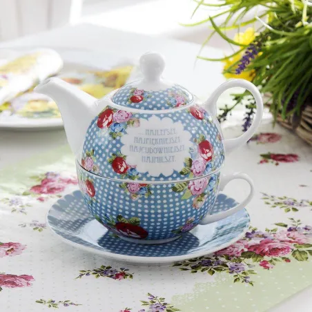 PORCELANOWY DZBANEK Z FILIŻANKĄ I SPODKIEM DUO WYJĄTKOWY DZIEŃ NIEBIESKIE RÓŻE