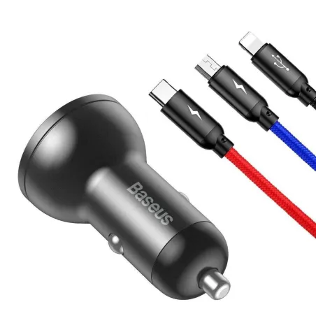 Ładowarka Samochodowa 24W | 2X Usb + Kabel 3W1 Type-C / Micro Usb / Lightning Baseus