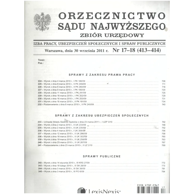 ORZECZNICTWO SĄDU NAJWYŻSZEGO IZBA PRACY UBEZPIECZEŃ SPOŁECZNYCH I SPRAW PUBLICZNYCH - LexisNexis