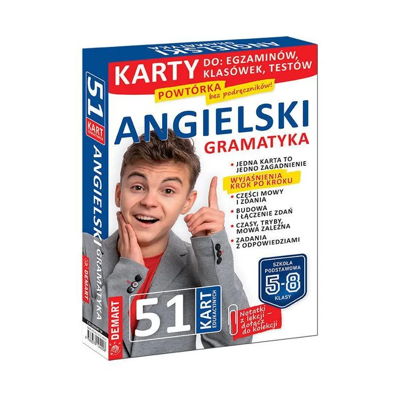 JĘZYK ANGIELSKI. GRAMATYKA. 51 KART EDUKACYJNYCH KLASY 5-8 - Demart