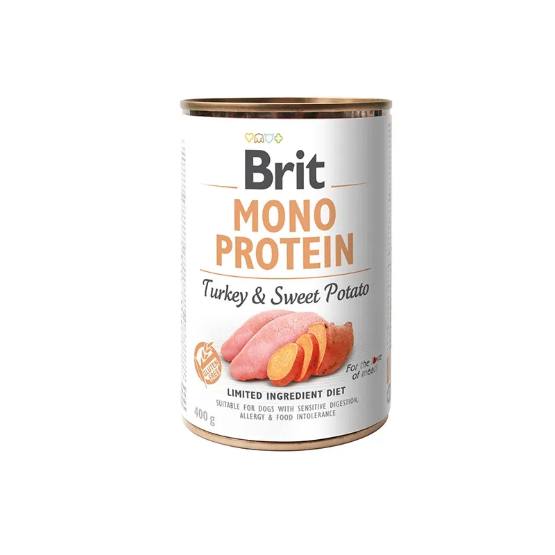 BRIT MONO PROTEIN TURKEY & SWEET POTATO 400G – MOKRA KARMA DLA PSA Z INDYKIEM I BATATEM