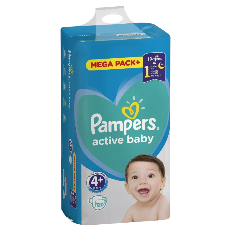 PIELUSZKI PAMPERS ACTIVE BABY ROZMIAR 4+ MAXI PLUS 10-15 KG, 120 SZT.