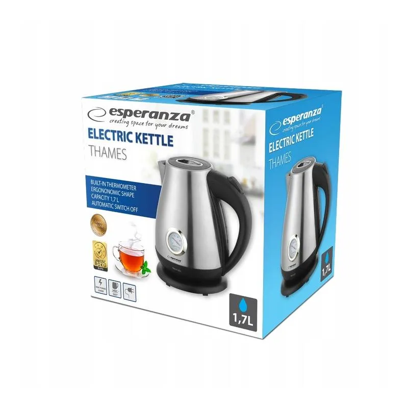 CZAJNIK ELEKTRYCZNY Z TERMOMETREM 1,7 L INOX 2200W Z WSKAŹNIKIEM POZIOMU WODY ESPERANZA