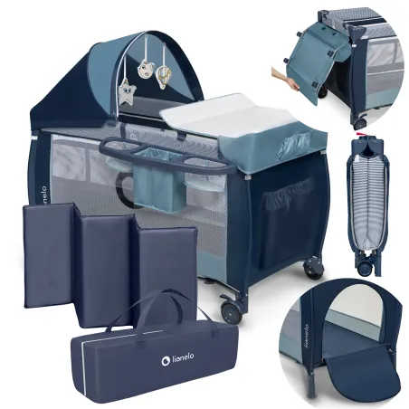 ŁÓŻECZKO TURYSTYCZNE KOJEC Z PRZEWIJAKIEM I MOSKITIERĄ LIONELO SVEN PLUS BLUE NAVY