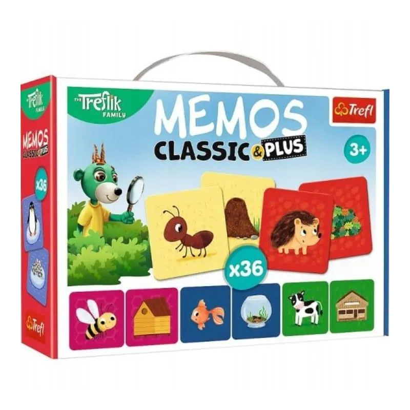 GRA EDUKACYJNA MEMOS CLASSIC PLUS ZWIERZĘTA I ICH DOM ROZWOJOWE KARTY DLA DZIECI TREFL 3+